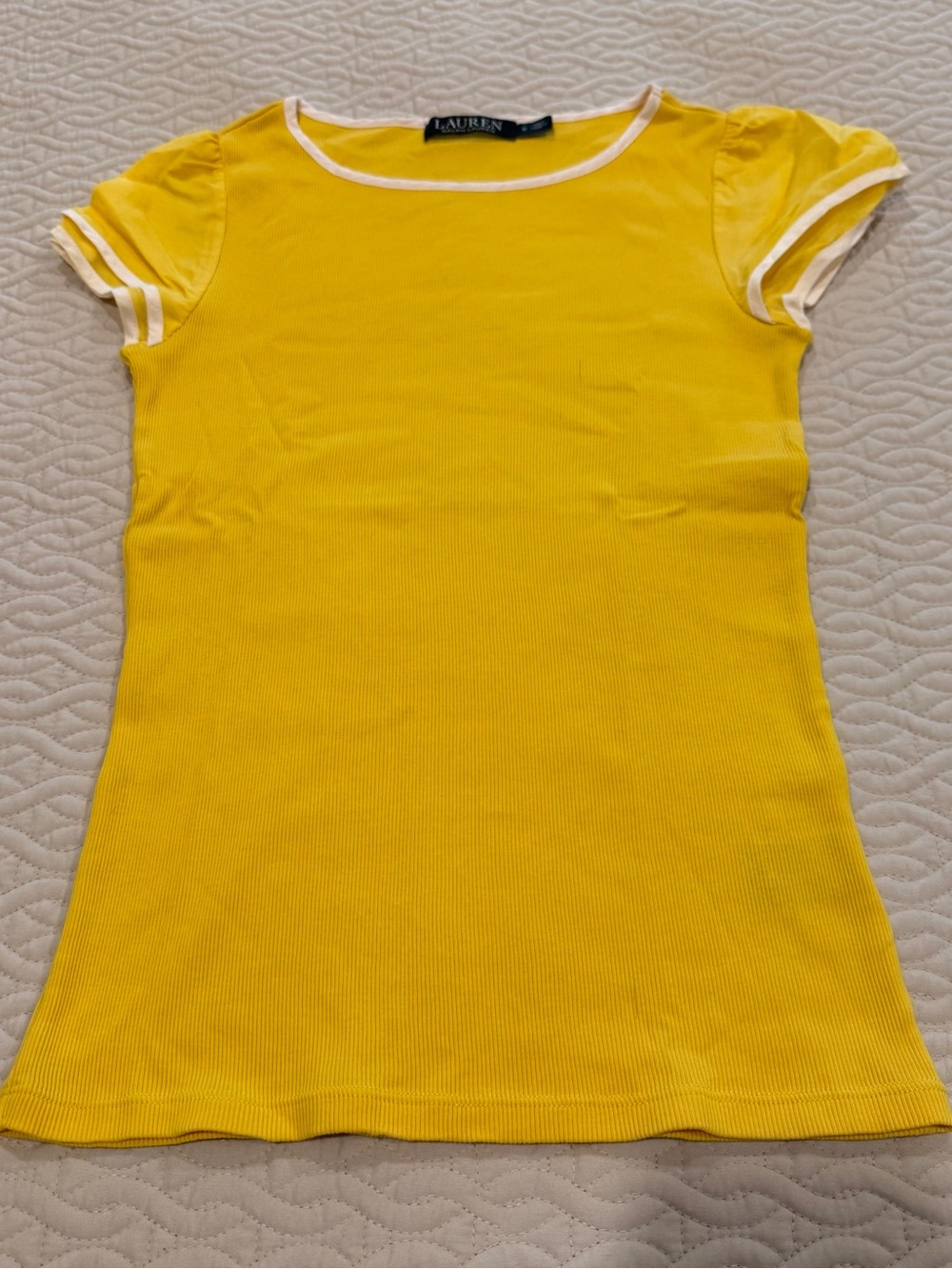 Lauren Ralph Lauren Yellow Ribbed Short Sleeve Tee with White Trim